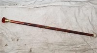 Wooden Carved Cane W/ Glass & Brass Handle