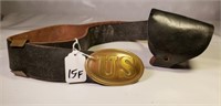 Black Leather Belt w/ Black Pouch, US Belt Buckle