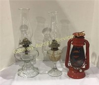 2 Glass Oil Laterns and 1 Metal One