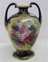 Nippon cobalt 10" vase w/ floral decoration