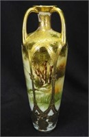 Nippon 11 1/2" 3 hdld vase w/scenic decoration
