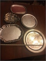 Lot of 4 silverplate trays and a leaf tray