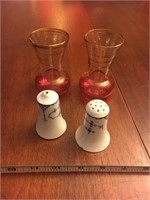 Salt and pepper and 2 vintage cranberry glasses