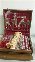 Large set of solid bronze flatware in fitted box