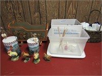 Ruby glass, milk glass, doll bed, figurines