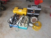 (3) Tool boxes, cords, drop light, saw