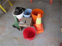 Cones, step stool, hose, buckets