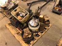 PALLET OF MISC TOOLS, BINDER, TRUCK PARTS