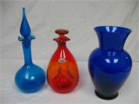Glass Decanters & Blue Vase