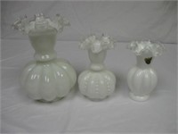 3) White Vases w/Fluted Edges (1 fenton tag)