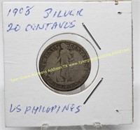 1908 SILVER 20 CENTAVOS US PHILLIPINES COIN