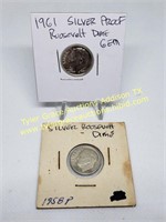 2PC SILVER ROOSEVELT DIMES 1961 PROOF & 1958
