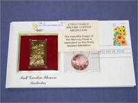 1/4 oz. .999 Copper Medallion, 24k 1st day Stamp