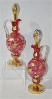 Pair Cranberry & Gold Leaf  Decanters