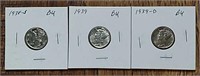 1938-S, 1939 & 1939-D  Mercury Dimes  BU