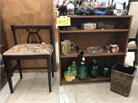 Vanity harp-back stool, shelves, contents
