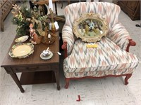 Vintage side table, upholstered chair, ++