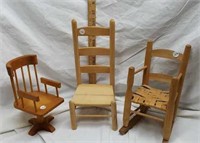 Wood Doll chairs (3), woven & plank bottom,