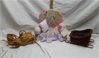 Doll Wicker sled, car & cloth couch with pillows