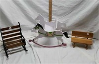 Wood Doll benches & rocking horse (3 in lot)