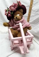 Sebastian Boyd Bear in wood pink wagon