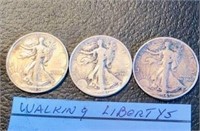 3 Silver Half Dollars Walking Libertys WW11 Era