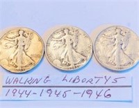 3 Silver Half Dollars Walking Libertys 1944-1946