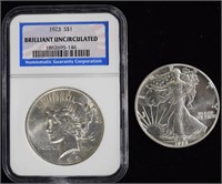 1923 BU Peace, NGC & 88 BU Silver Eagle