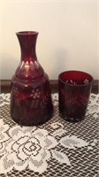Ruby cut to clear decanter and cup set