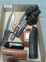 Asst hunting knives, holders, binoculars(8 power)