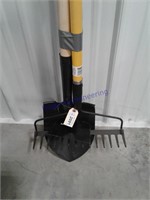 New yard tools: Round point shovel, hoe, rake