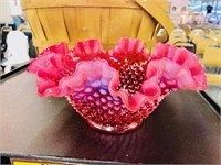 Fenton Cranberry Opalescent Hobnail Fluted Top Bow
