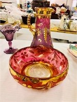 Fabulous Cranberry Glass & Gold Pitcher & Bowl