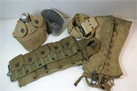 Grouping of Military items; cantee, leggings, ammo