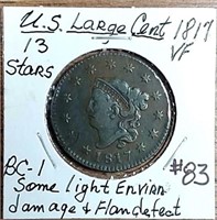 1817 13 Stars  Coronet Large Cent  VF details