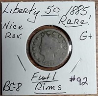1885  Liberty Nickel  G+  "Full Rims"