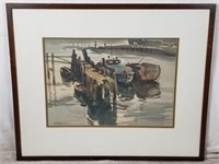 Maurice Lulan Boats At Pier Original Painting Wate