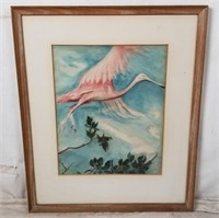 F H Feisl Flying Pink Crane Original Painting Wate