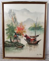 P W Cheng Boats On River Original Painting Oil On