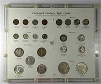 Display with 23 Twentieth Century Type Coins