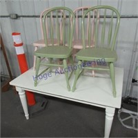 Childs wood table, 4 childs chairs