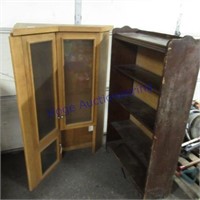 Wood shelf & wood corner cabinet w/glass doors