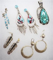 Signed Navajo Sterling Earrings & Pendant