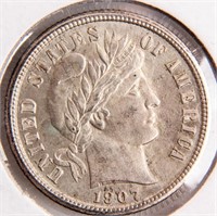 Coin 1907 Barber Dime Choice Almost Unc.