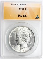 Coin 1922 Peace Silver Dollar ANACS MS64