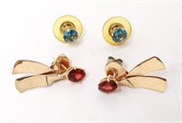 14K Gold Blue Topaz & Garnet w Bow Dangle Earrings