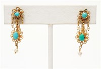 14K & 18K Gold Turquoise & Pearls Dangle Earrings