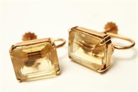 14K Yellow Gold Emerald-Cut Citrine Earrings, Pair