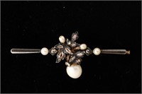 14K Gold & Silver Diamonds & Pearls Bar Pin Brooch