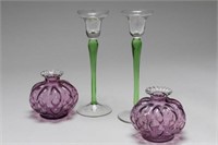Vintage Colored Glass Candle Holders, 2 Pairs